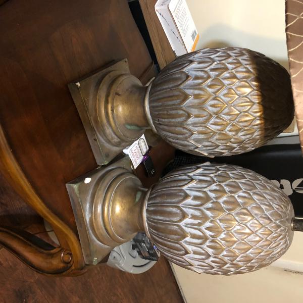 Photo of Pair of Rustic pine cone lamps. 