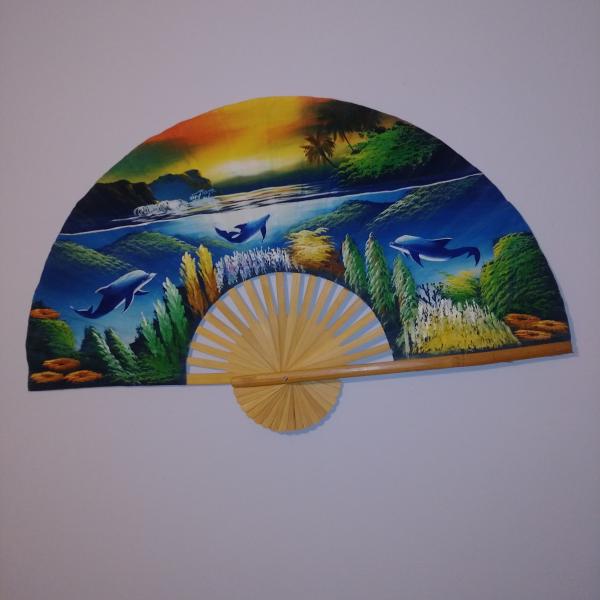 Photo of Hand Painted 3 DOLPHIN CHINESE FAN 39" x 24"  Excellent Pre-owned 