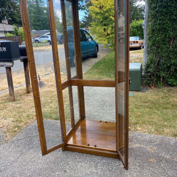 Photo of Antique oak and glass display cabinet - Shelves missing.