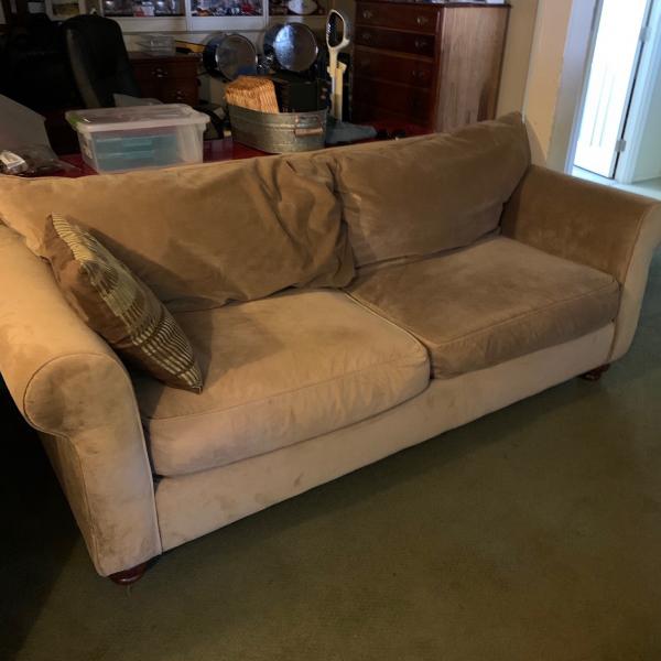 Photo of 82” long comfy sofa. Great condition. Zippered cushions