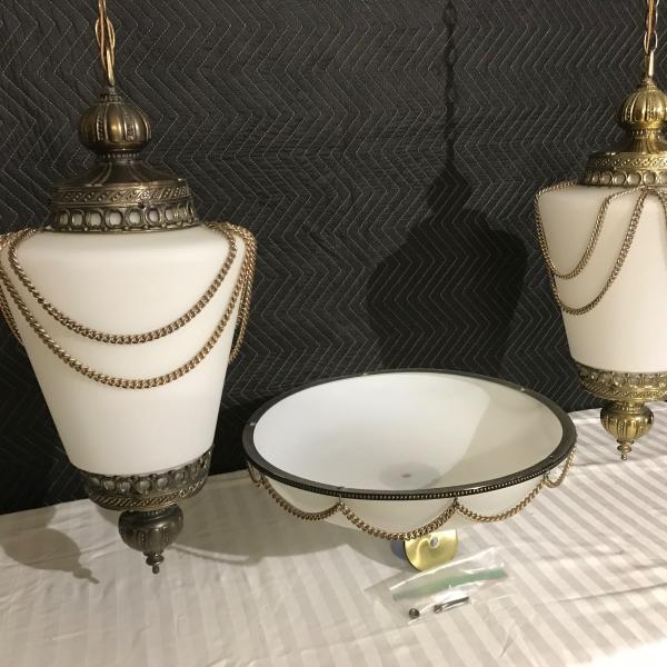 Photo of 3 Art Deco Glass and Brass Light Fixtures 