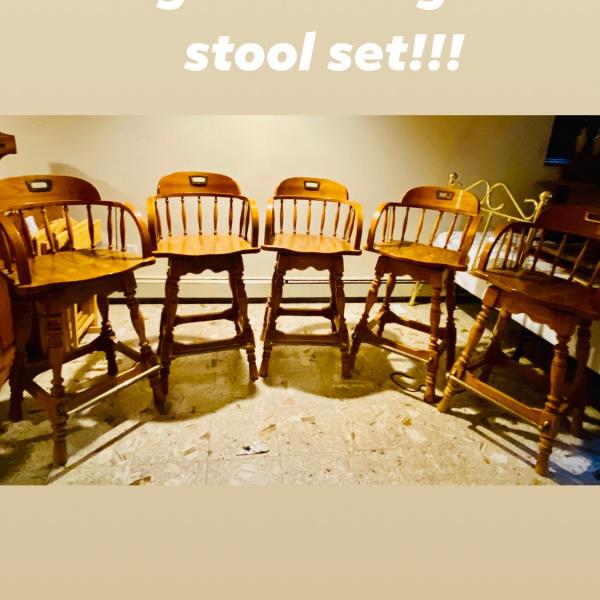 Photo of Set of 5 solid wood oak vintage swivel stool 
