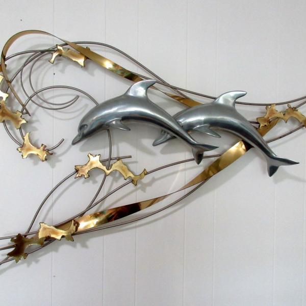 Photo of Metal Wall Art Dolphins and Waves  C. Jere 1991