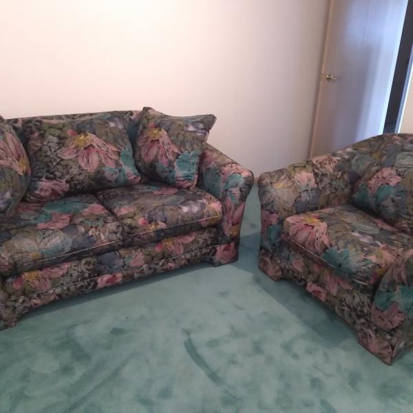 Photo of Flowered Cloth Loveseat & Matching Chair each with cushions