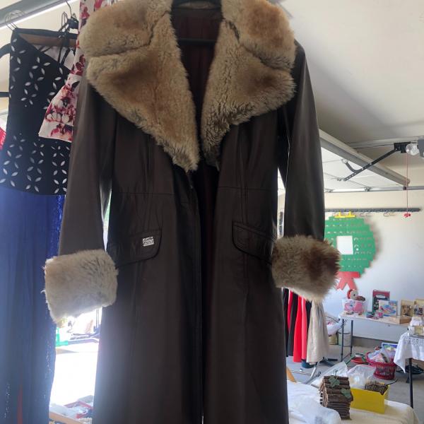 Photo of Brown leather & sherling fur coat.  3/4 length, size 8
