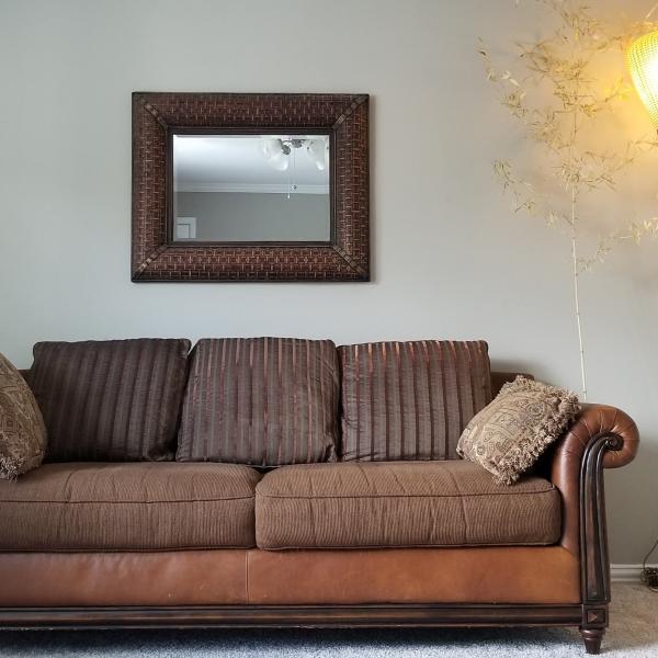 Photo of Brown Leather Heirloom Quality Couch with Pillows