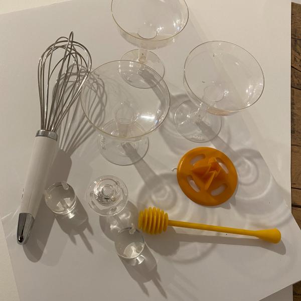 Photo of Set of 20 Disposable Champagne glasses and kitchen utensils.