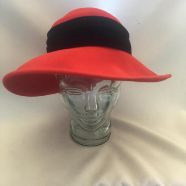 Photo of Lovely Red Felt Ladies Women's Hat w/Black Ribbons, Bow, Pin, Magnet 