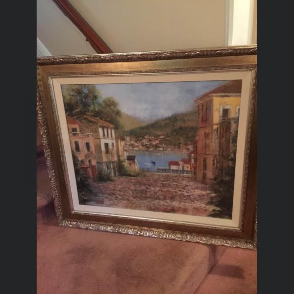 Photo of Large oil painting  41”x  35”  Village Scene 