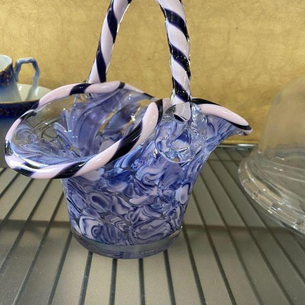 Photo of Murano Blue Marbled Basket with Striped Edge and Handle