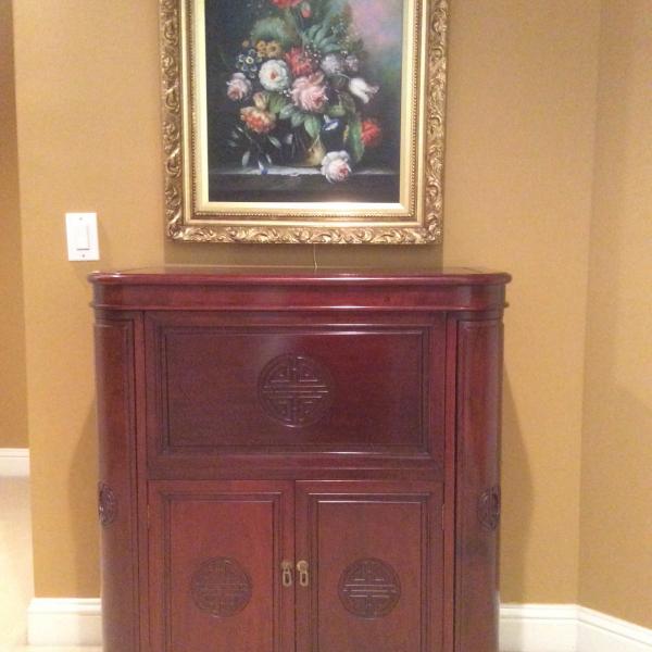 Photo of Vintage ornate hand carved Rosewood oriental cabinets Dry Bar. 