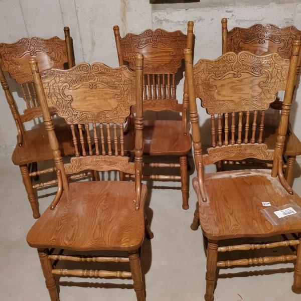 Photo of 5 farm style oak chairs   