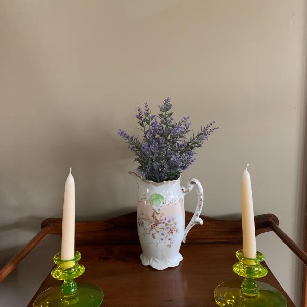 Photo of Pair of Green Vaseline Glass Candle Stick Holders! 