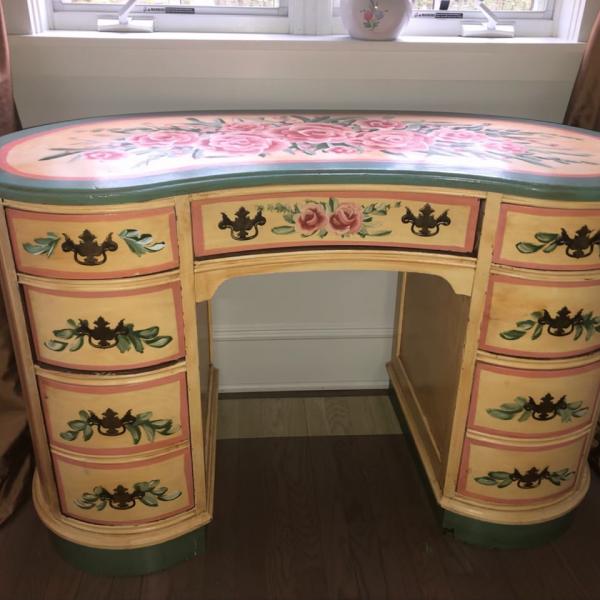 Photo of HAND PAINTED VINTAGE VANITY TABLE WITH SEVEN DRAWERS; BEAUTIFUL PIECE!