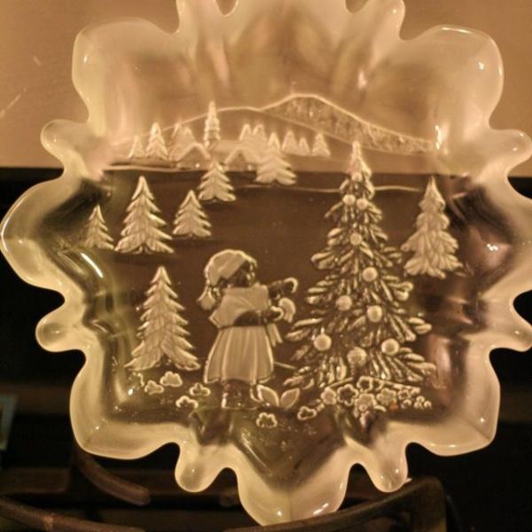 Photo of Vintage Clear Frosted "Christmas Story" Ruffled Glass Bon Bon Candy Dish Holiday