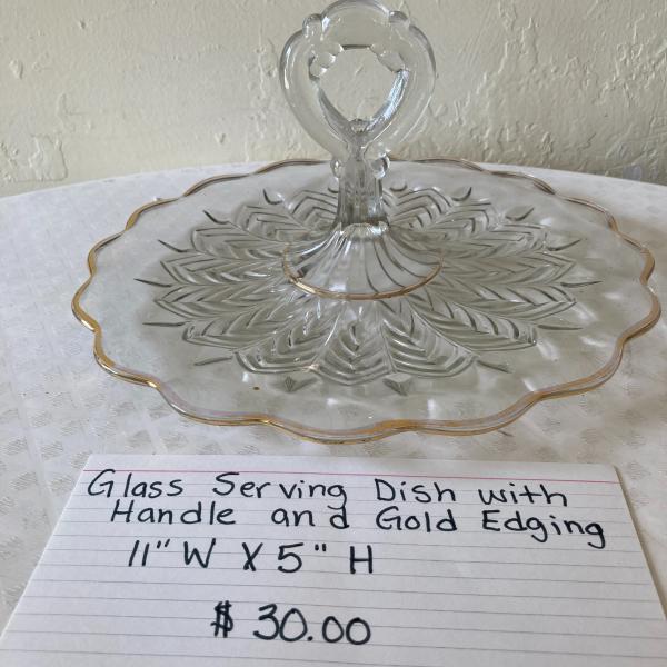 Photo of Glass Serving Dish with Handle and Gold Edging 