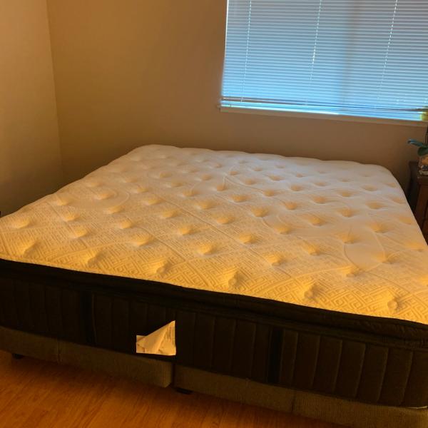 Photo of SEALY KING SIZE BED & FRAME 1 YR, ALWAYS COVERED, LIKE NEW PAID $2600