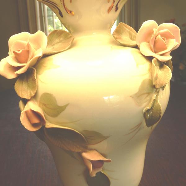 Photo of Vintage Porcelain Floral Lamp Pair with brass bases.  