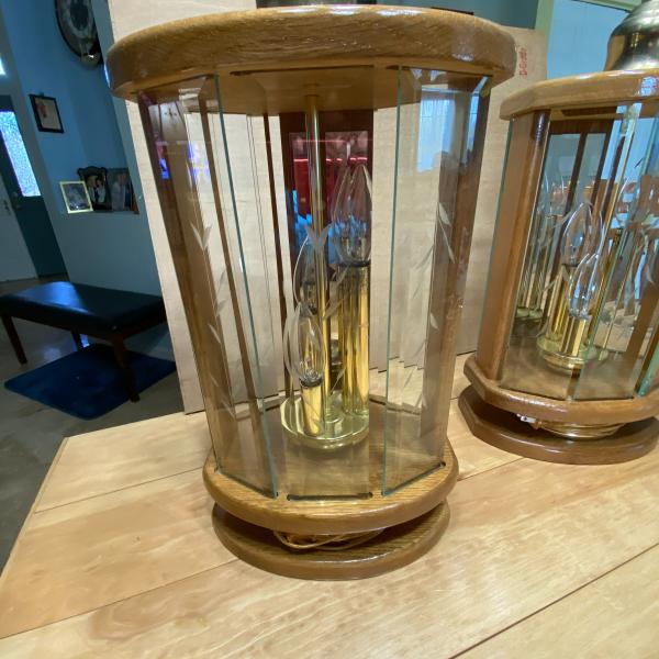 Photo of Set of 2 Oak and Engraved Glass Lamps