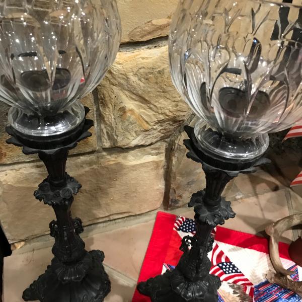 Photo of Set Of Tall Metal Candlesticks /Crystal Globes