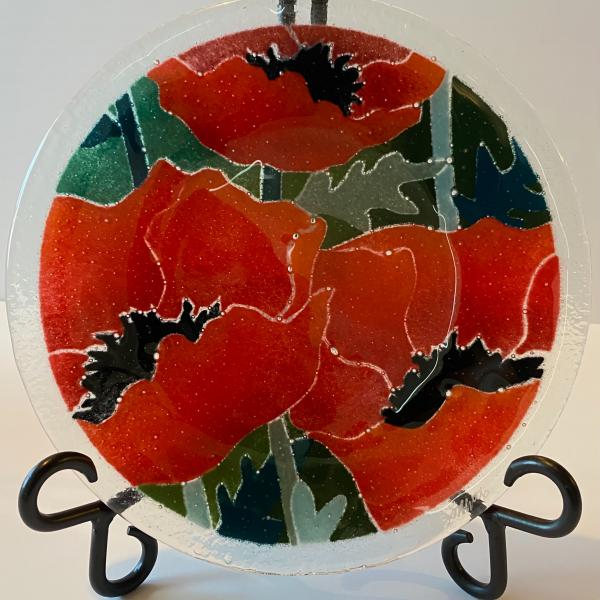 Photo of Peggy Karr 8" Fused Glass Red Poppies Plate - Signed