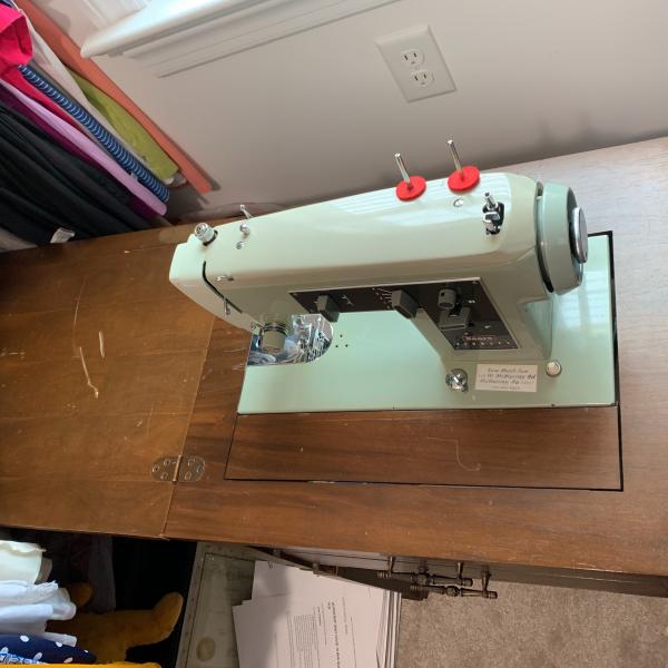 Photo of Vintage Sears Kenmore Sewing Machine in Cabinet with Accessories and Manual