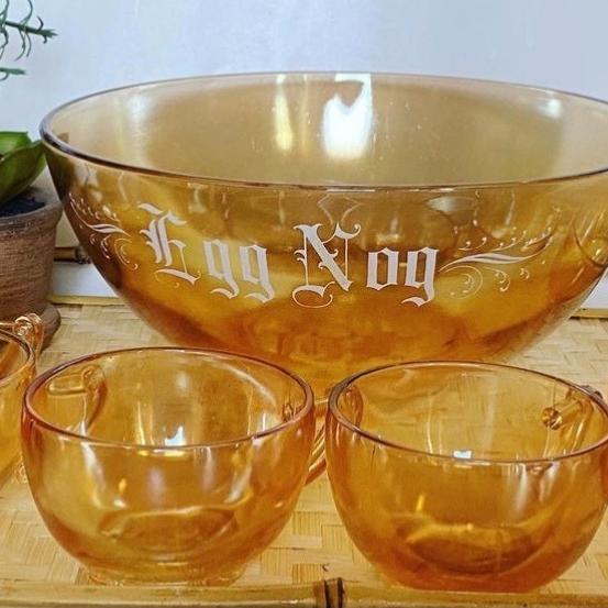 Photo of Vintage Jeanette glass  Egg nog punch bowl and cups