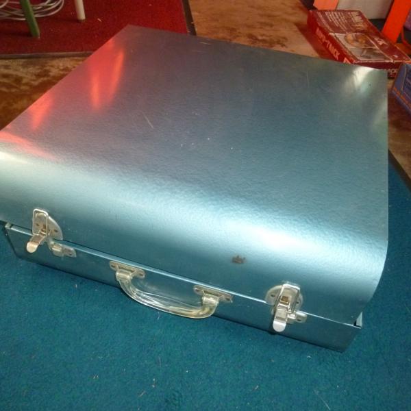 Photo of Vintage metal suitcase portable picnic table, dinnerware & thermos bottles