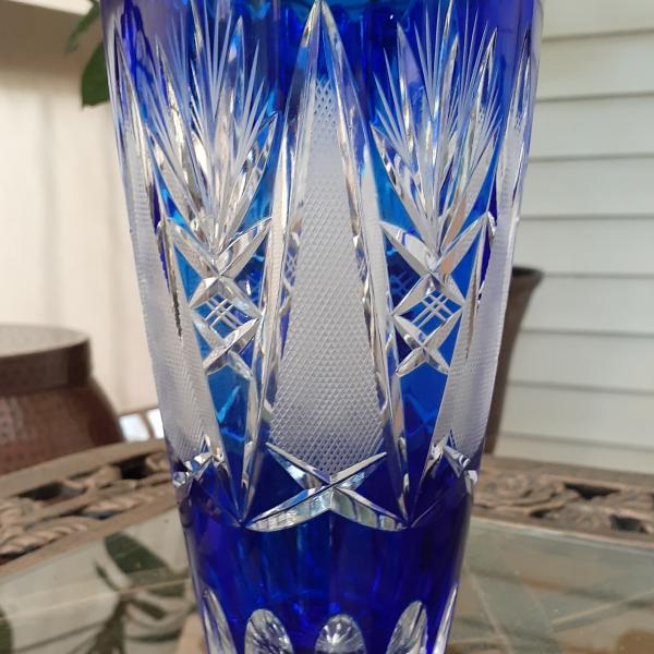 Photo of Vintage Bohemian Cobalt Blue and Clear Crystal Vase