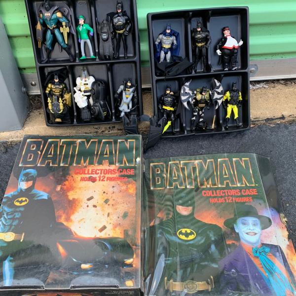 Photo of Vintage Batman collectors cases with figures and accessories, each case $80. 