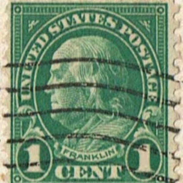Photo of 1 cent Ben Franklin Green Stamp - 1938 Postmark on Link Bridge Skyline Postcard