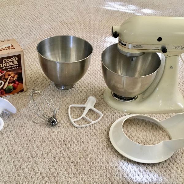 Photo of Vintage KitchenAid Hobart Model K45SS 10 Speed Mixer with Accessories.