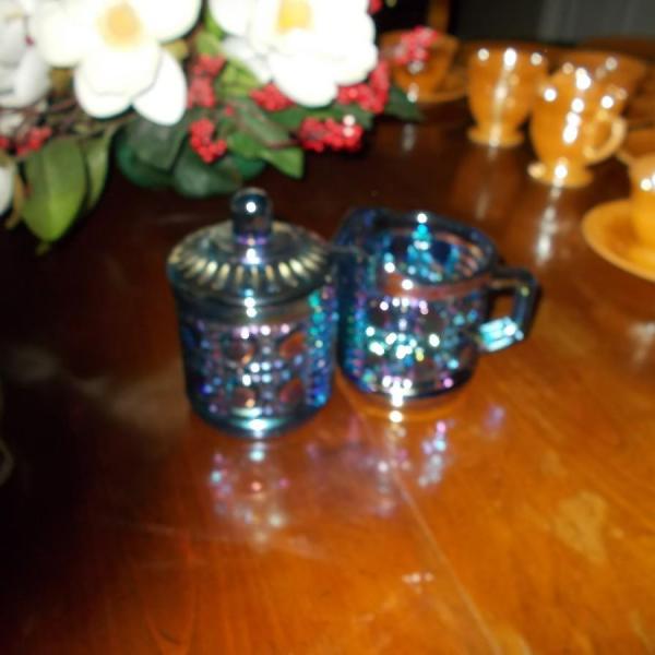 Photo of Antique Indiana Windsor Iridescent Blue Carnival Glass Sugar and Creamer