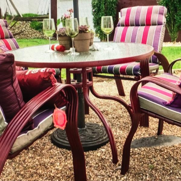 Photo of (4) Patio set w/ matching cushions, table, brand new solar light umbrella, stand
