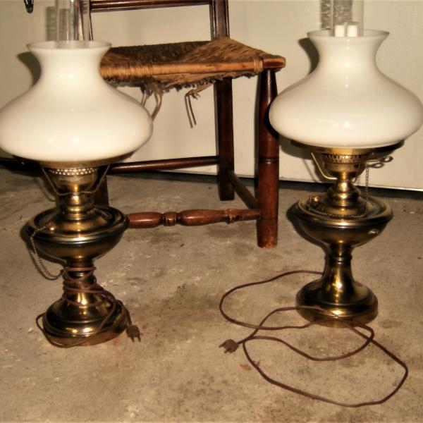 Photo of Pair Brass Lamps Milk Glass Shades