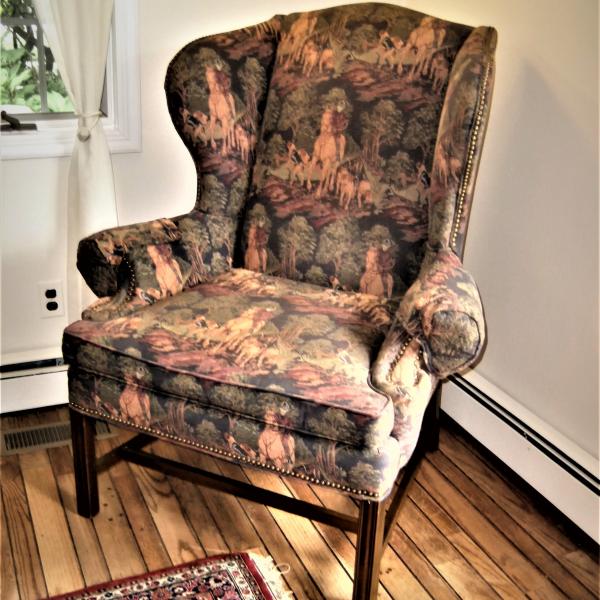 Photo of Wingback Arm CHAIR Upholstered Brass Tacks English Hunt Horses Dogs Tapestry