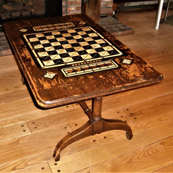 Photo of Antique GAME TABLE Cribbage Checkers Chess Ebony Bone Inlaid Wood