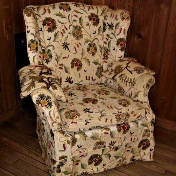 Photo of WINGBACK ARMCHAIR Crewel Needlework Upholstery Estate Chic Furniture Chair