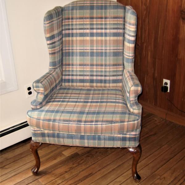 Photo of Wingback Arm Chair Pastel Plaid Upholstery Shell Carved Wood Legs Vintage