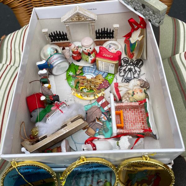 Photo of Box of miscellaneous Christmas ornaments, collectibles