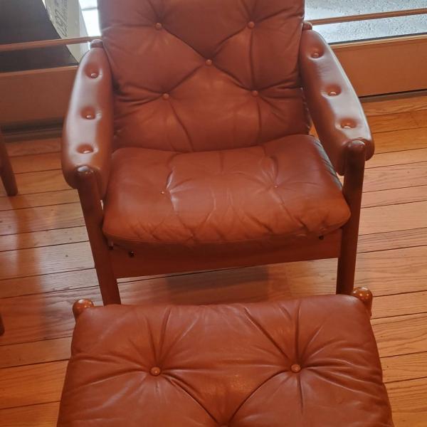 Photo of Two Mid Century Recliner Chairs with matching Foot Stools - Made in Norway