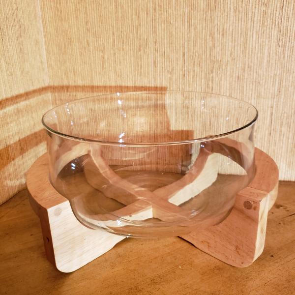 Photo of Vintage Mid Century Modern Glass Bowl with Teakwood Cradle Stand/ Base. 