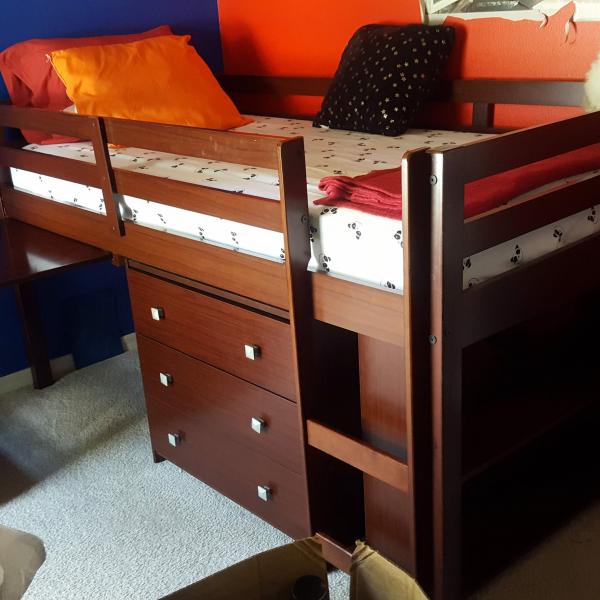 Photo of Loft bed with drawers, shelves, and desk