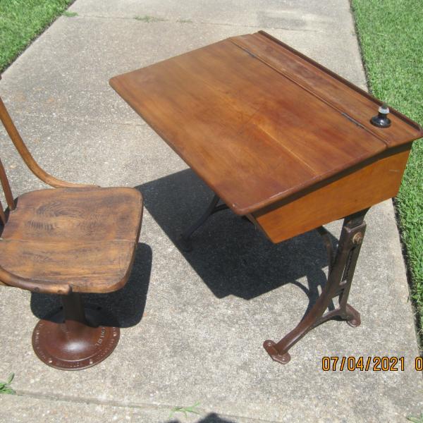 Photo of ANTIQUE KENNEDY BROS & WOLKINS SCHOOL DESK AND CHAIR