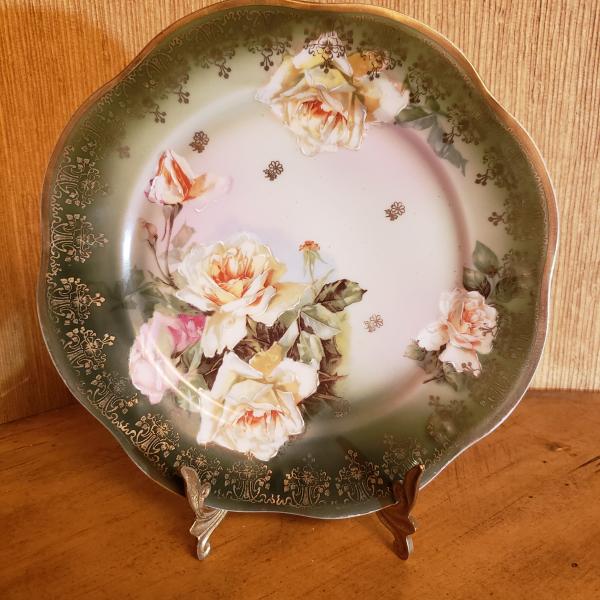 Photo of Victorian Roses with Green and Gold Rim Scalloped Hand Painted Porcelain Plate. 