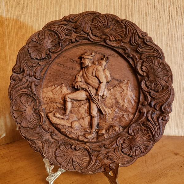 Photo of Vintage German Faux, Wood-Like, 3D Hand Carved Resin Hunting  Plate