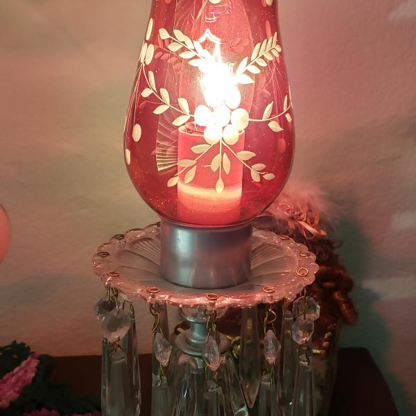 Photo of Vintage  Cranberry Huricane Lamp-11 Prisms
