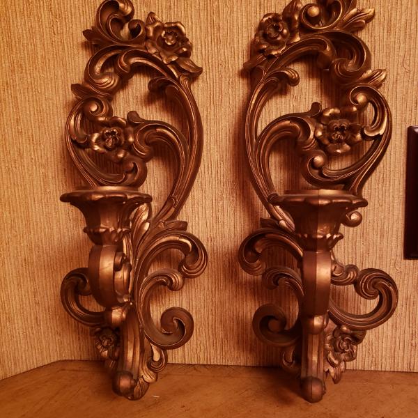 Photo of A Pair of Vintage Homco 1971 Ornate Floral Scroll Wall Sconces Candle Holders.