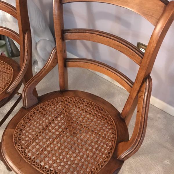Photo of Antique Maple Ladder Back Chairs with round cane seats and turned spindles  