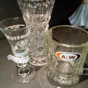 Photo of Vintage three pieces, shot, bud vase or toothpick holder and A & W